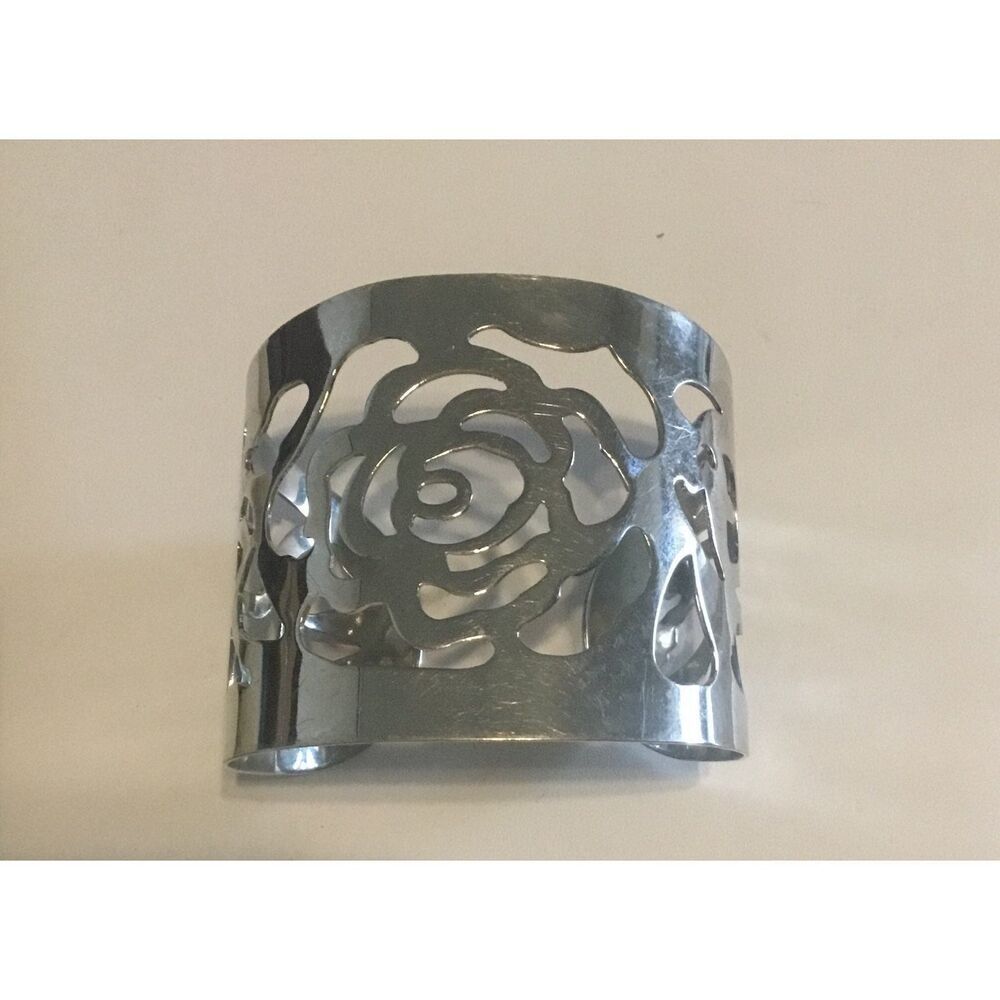 Pretty Stainless Steel Wide Cut Out Rose Design Cuff Bracelet